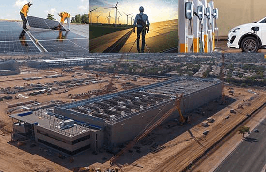 A four-panel collage: three small photographs of engineers installing rooftop solar panels, servicing a wind turbine, and an electric vehicle at a charge point, above a large aerial view of a building under construction.